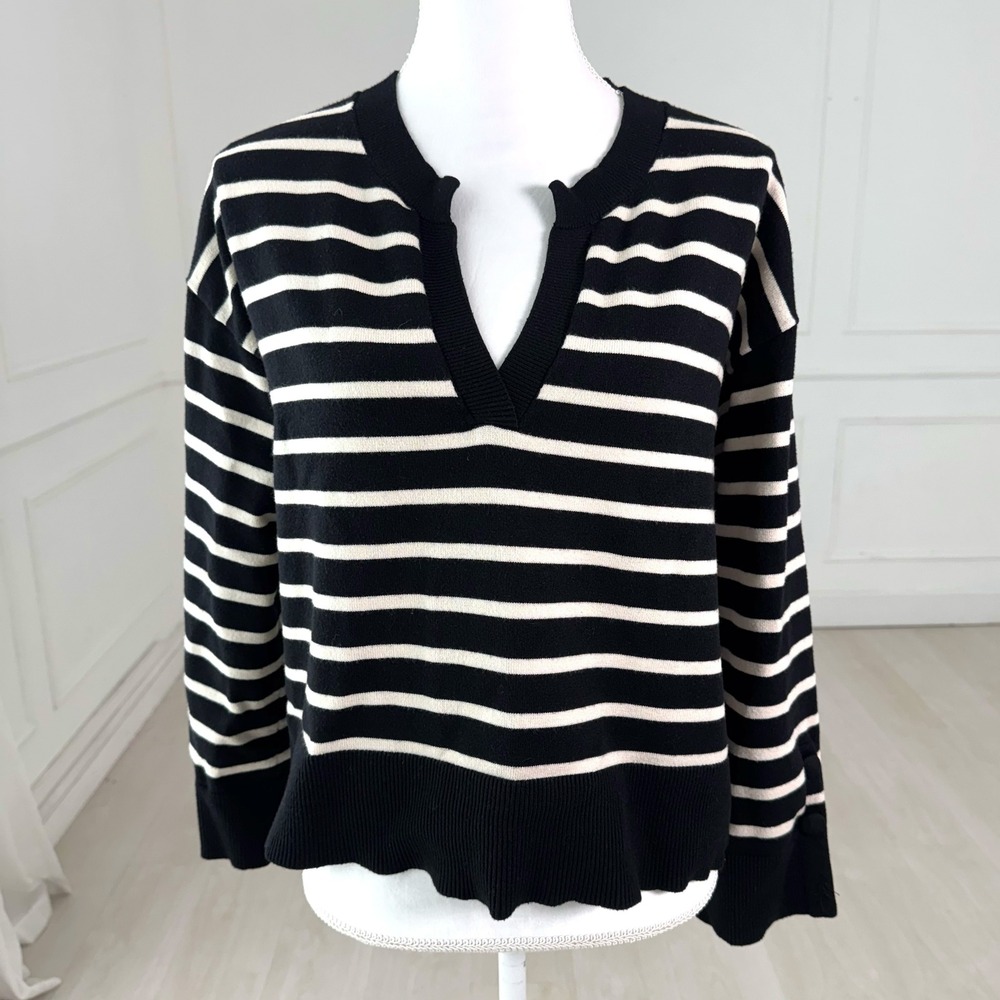 Marled Reunited Clothing Sweater Womens Large‎ Black Striped Split V-Neck Button